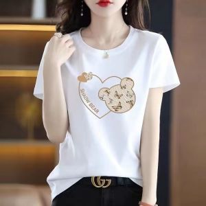 เสื้อยืดคอกลมแขนสั้นผ้าฝ้ายแท้สำหรับผู้หญิง สไตล์เกาหลี แฟชั่นฤดูร้อน 2023 เสื้อเชิ้ตแขนยาวสีดำ เสื้อเชิ้ตทรงหลวม