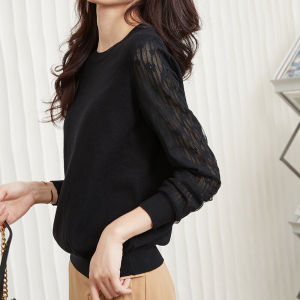 Early Autumn New Style French Tea Break Elegant round Neck Knitwear Lace Splicing Base Layer Ladylike Warmth Heating Cashmere Sweater