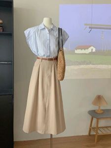 Korean Chic Striped Shirt And Skirt Set Womens Summer High Waist Half Body Two Piece Suit Fashionable Flying Sleeve Polo Neck