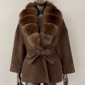Woolen Jacket Elegant Wool Coat Women Loose Real Raccoon Fox Fur Coat 2026 Belt Pocket Winter Blends Outerwear Casual Spring