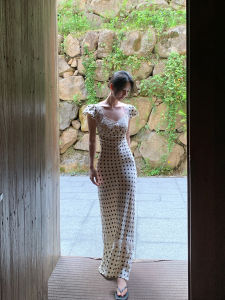 Summer Slimming Long Dress SMBL RAIN Lace Patchwork Waist Cinched Midi Skirt Womens Fashion Polka Dot V-Neck Zipper Closure