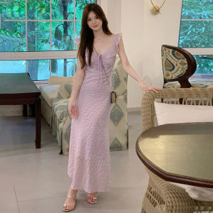 SENWA | Flutter Sleeve Purple Strap Dress Female Summer Beach Vacation Elegant Long Dress