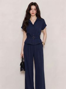 QFN | Slimming Office Blue Shirt and Wide Leg Pants Set for Women