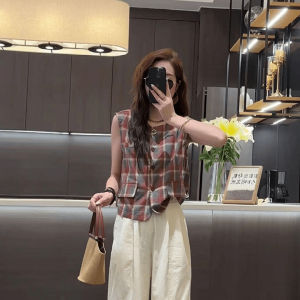 Colorful Plaid Womens Vest Thin Single Button Sleeveless Summer Top Fashionable Versatile Loose Fit round Neck Shirt