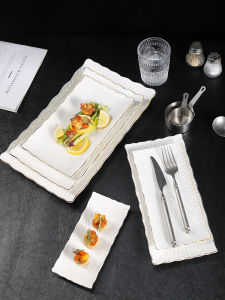 Bát Tròn Sứ Màu Trắng Đơn Giản Viền Vàng Bát Đựng Sushi Bát Ăn Trưa Bát Đựng Tráng Miệng Bát Đựng Thức Ăn Nhẹ Bát Sứ Hình Chữ Nhật