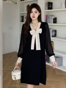 Black Knitted V-neck Dress Womens plus Size Autumn Winter Fashion Elegant Slimming Meat Concealing Butterfly Knot Dress