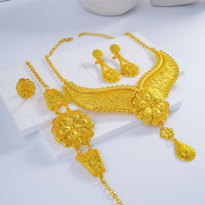 24K Gold Wedding Jewelry Set Dubai 4-Piece Ensemble Necklace Bracelet Earrings Ring Alloy Material Fashionable Accessories