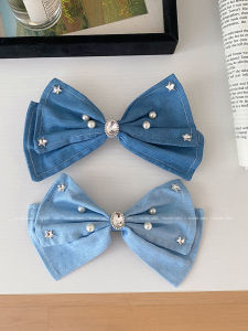 French Vintage Pearl Embellished Denim Butterfly Knot Hair Clip High-End Feeling Top Bun Spring Clamp Hair Accessories