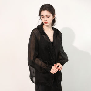 Miccbeirn | Silk Chiffon Embroidered Hooded Short Jacket Casual Sweet Wooden Ear Bordered Ladies Outerwear Commute Style Loose Fit Long Sleeve