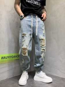 Summer Mens Jeans Pants Harlan Loose Fit Light Blue Denim Patchwork Torn Hole Youth Trendy Straight Leg Casual Trousers