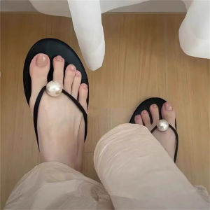 Hebe Style Pearl Flat Bottom Sandals Womens Outdoor Wear Anti-Slip INS Beach Vacation Beach Casual Slip-On Slippers Summer