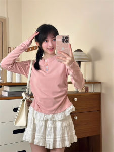 Ins Style Long Sleeve Fleece Lined Slim Fit Womens T-Shirt with Lace Trim Base Shirt Sweet Girl Short Style Commute Korean Version