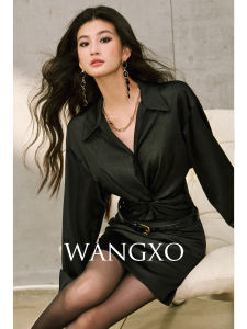 WANGXO | Bộ Áo Sơ Mi Cổ V Đính Nơ & Chân Váy Mini A-Line Sang Trọng