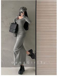 Chic Korean Style Womens Long Sleeve round Neck Bodycon Dress Belted Slimming Fitted Skirt Single Piece Autumn Winter Fashion