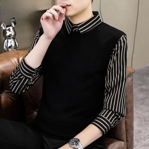 HENGYUANXIANG | Hengyuanxiang Mens Knitted Shirt Casual Thin Long Sleeve Shirt Collar Stripe Pattern Fashionable Urban Style Autumn Spring Leisure Sweater
