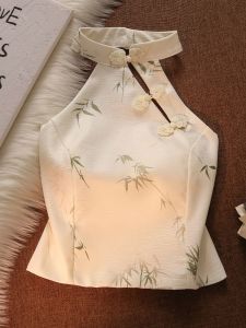 Áo Vest Không Dây Cổ Treo Phong Cách Trung Hoa Mới Cho Nữ Áo Khoác Ngoài Gợi Cảm Hở Lưng Cạp Cao Áo Vest Ngắn Mùa Hè Thường Ngày