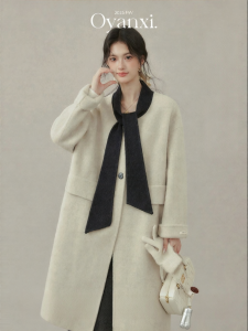 OUYANGXI | Áo Khoác Tweed Thiết Kế Nơ Mới Cho Phụ Nữ Mùa Đông