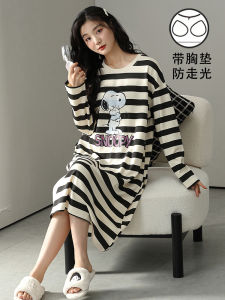 แขนยาว ผ้าฝ้าย ชุดนอน ผู้หญิง ฤดูใบไม้ผลิ ฤดูใบไม้ร่วง สไตล์พร้อมแผ่นรองหน้าอก Integrated ความยาวปานกลาง หลวม หวาน ผู้หญิงลายทาง ชุดนอน