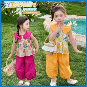 Kids Sville ชุดดอกไม้เด็ก ชุดคอตุ๊กตาเด็กผู้หญิง ชุดสองชิ้น เสื้อแขนกุด+กางเกง สไตล์ตะวันตก ฤดูร้อน สไตล์เกาหลี แบบบาง กระโปรงเสื้อกั๊ก 80-150cm