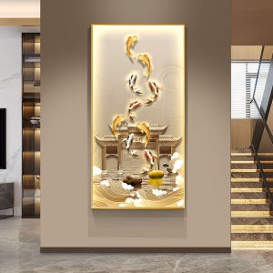Luxurious Nine Fish Diagram Entrance Decorative Painting LED Light Corridor Passage Hanging Artwork Modern Style Metal Framed
