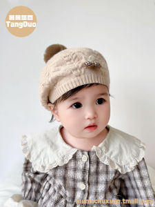 Cute Baby Girl Beret Hat Autumn Winter Style Furry Ball Warm Windproof Childrens Hat Embroidered Plant Floral Pattern
