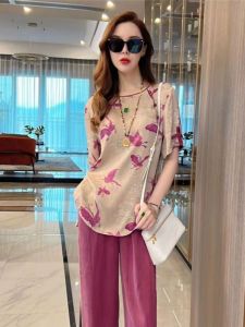 Fashionable New Chinese Style Set Womens Casual Short Sleeve T-Shirt Slim Straight Pants Two-Piece Set Summer Design Sense