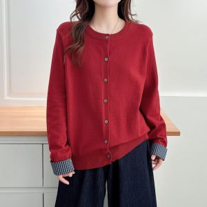 เสื้อสเวตเตอร์ถักสไตล์เกาหลีขนาดใหญ่ แขนยาว ปกเปิด ดีไซน์ลายสก็อต คอกลม แขนยาว ปกเปิด แขนยาว ปกเปิด