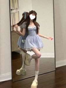 เดรสกระโปรงต่อกับลูกไม้แขนพองคอเหลี่ยมสไตล์ฝรั่งเศสไซส์ใหญ่สำหรับผู้หญิงกระโปรงสั้นฟูฟ่องแบบเจ้าหญิงเก็บเอวสาวแซ่บหวานสำหรับสาวอวบ