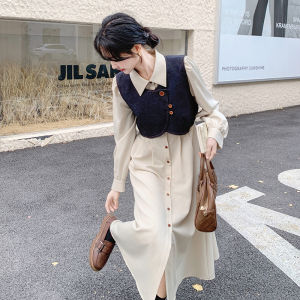 Korean Style Shirt Dress Set Womens Spring Autumn New Design Slimming Vest Dress Two-Piece Set Commute Loose Waist Long Sleeve