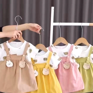 Setelan Dress Kodok Bayi & Balita Perempuan - Lucu Motif Bear Usia 6 Bulan - 4 Tahun