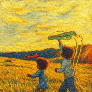 Tranh Nghệ thuật "Hai Đứa Trẻ Thả Diều" VIETSMART ART - Acrylic 45 x 60cm