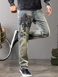 Quần Jeans Denim Nam Thêu Retro Quần Dài Ôm Vừa Vặn Kiểu Dáng Thẳng Thời Trang Thu Đông Quần Dài Cao Cấp