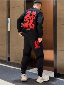 Winter New Mens Fleece Lined Thickened New Year Embroidered Casual Set Hoodie Sweatpants Two Piece Set Youth Cotton Blend Fabric