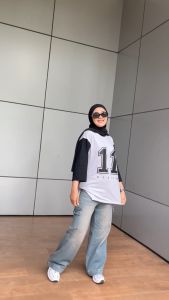 NARAGU - Kaos Sporty Angka Wanita Numbel 11 Lengan 7 8 Cotton Kombed 24s Baju Baseball Hijab Twotone