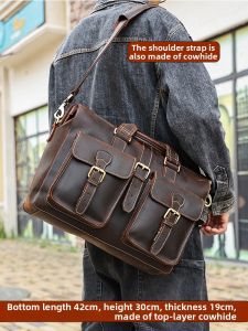 BOLIAO | High-end Crazy Horse Leather Bag Multiple Pockets Large Capacity 15.6 Inch Laptop Vintage Design