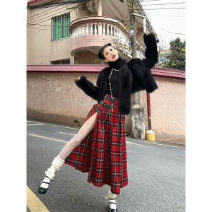 Fatalblow Retro Red Plaid A-Line Midi Skirt Womens High Waist Straight Leg Slim Long Open Split Skirt for Autumn Season