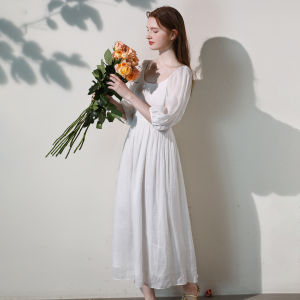 Miccbeirn | Elegant Pure Flax French Lantern Sleeve High Waist Gathered Long Dress Miccbeirn Gown Summer Season A-Line Skirt Round Neck