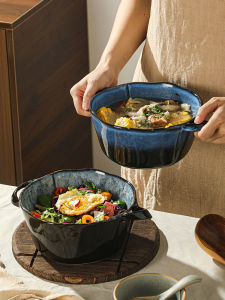 Large Capacity Ceramic Bowl with Double Ears Vintage Kiln-fired Restaurant Soup Bowl Japanese Style round Shape for Home Use