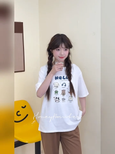 T-Shirt Wanita Lengan Pendek - Motif Kartun Hewan Lucu & Tulisan Kreatif Katun Tipis Bernapas Desain Gaya Kampus Korea Jepang 2025 Baju Oversize Slim Fit Kerah Bulat Trend Musim Panas Santai Harian Tops Ukuran Besar Womens Clothing Gaya Harajuku