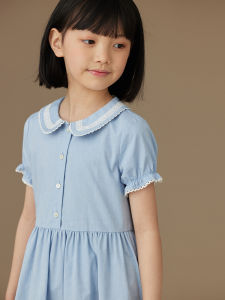 Sweet Lace Collar A-Line Dress Short Sleeve Half Buttoned Childrens Clothing Spring Summer New Arrival Girls Cotton Blend Dress