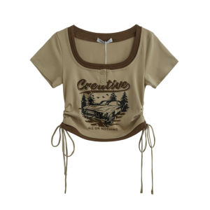 Summer New Style American Retro Spicy Girl Short Sleeve Printed Slim Fit T-Shirt Womens Top Korean Version Commute Cotton