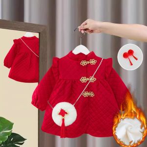 Girls Long Sleeve Dress Autumn Winter New Year Red Children Skirt Little Girl Birthday Princess Clothes Cotton Blend Fabric