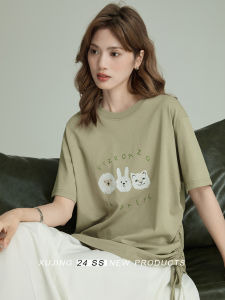 Khaki Printed round Neck Short Sleeve T-Shirt Womens Loose Shoulder Top Commute Simple Style Creative Pattern Cotton Summer New Arrival
