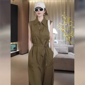 Khaki Color One-Piece Suit Womens Fashion High-Waist Slimming Short plus Size Sleeveless Jumpsuit Summer New Arrival
