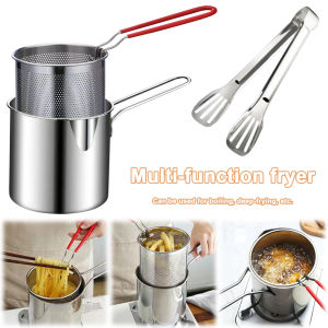 【Homelements】Kitchen Fryer with Strainer & Food Tongs Stainless Steel Deep Fryer Pot Portable Cooking Pot Chicken Fried Cooking Tools（With clip）