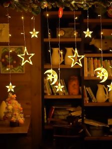 2025 Lampu Ramadhan 4 Meter Lampu Hias Lampu Kelap Kelip Lampu Tirai Bintang Bulan Waterproof Lampu Kamar Aesthetic Lampu Hias Kamar dengan EU Plug