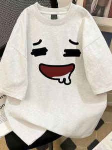 Girls Fun Emotion Print Pure Cotton Short Sleeve T-Shirt Versatile Summer Loose Base Shirt Half Sleeve Top Casual Cartoon Print