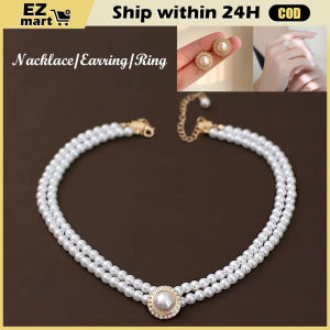 【Fast Shipping】 Pearl jewelry set Round Pearl Necklace Retro French Earrings ring Simple Banquet Female Clavicle Chain Accessories Wedding Jewelry 307A-Pearl-Jewelry