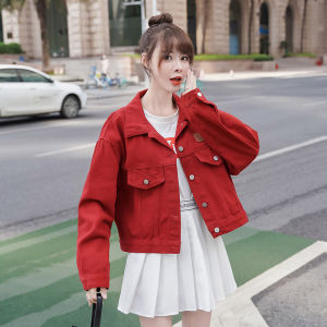 GUZILIAN | Casual Loose Womens Denim Jacket Short Style Spring Autumn Versatile Korean Version Workwear Cotton Pure Color Polo Collar Button Up