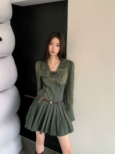 เซ็กซี่ เด็กผู้หญิง เดนิม เดรส มินิพิมพ์ลายกุหลาบแขนยาวจับเอว กระโปรง คอวี ซิป ปิด ทรงเอ Silhouette Fall Season